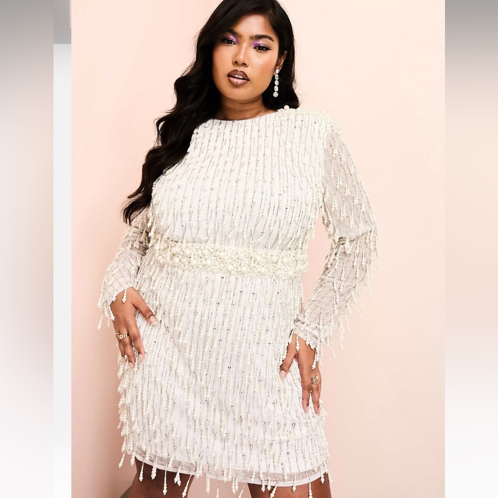 Beaded Ivory Long-Sleeve Shift Dress